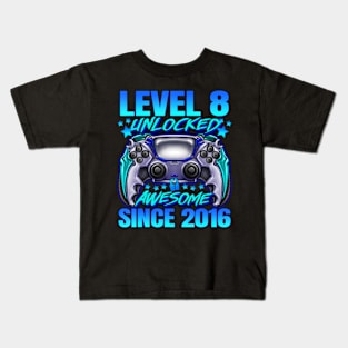 Level 8 Unlocked Awesome Since 2016 8Th Birthday Gaming Kids T-Shirt